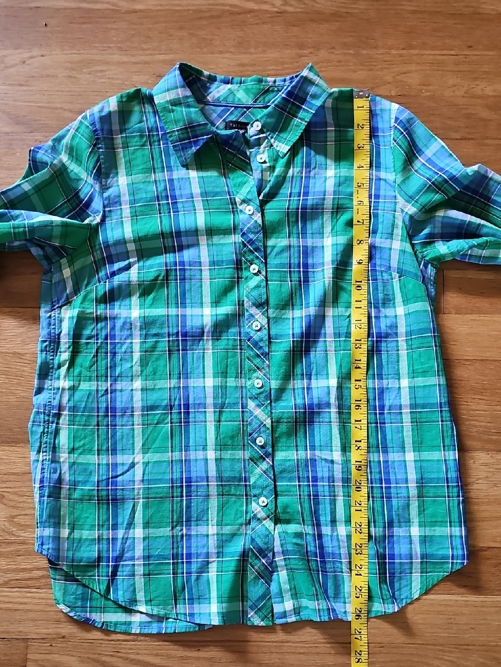 Talbot's Green Blue Plaid Long Sleeve Button Front Blouse Women's Size Medium - Picture 6 of 11